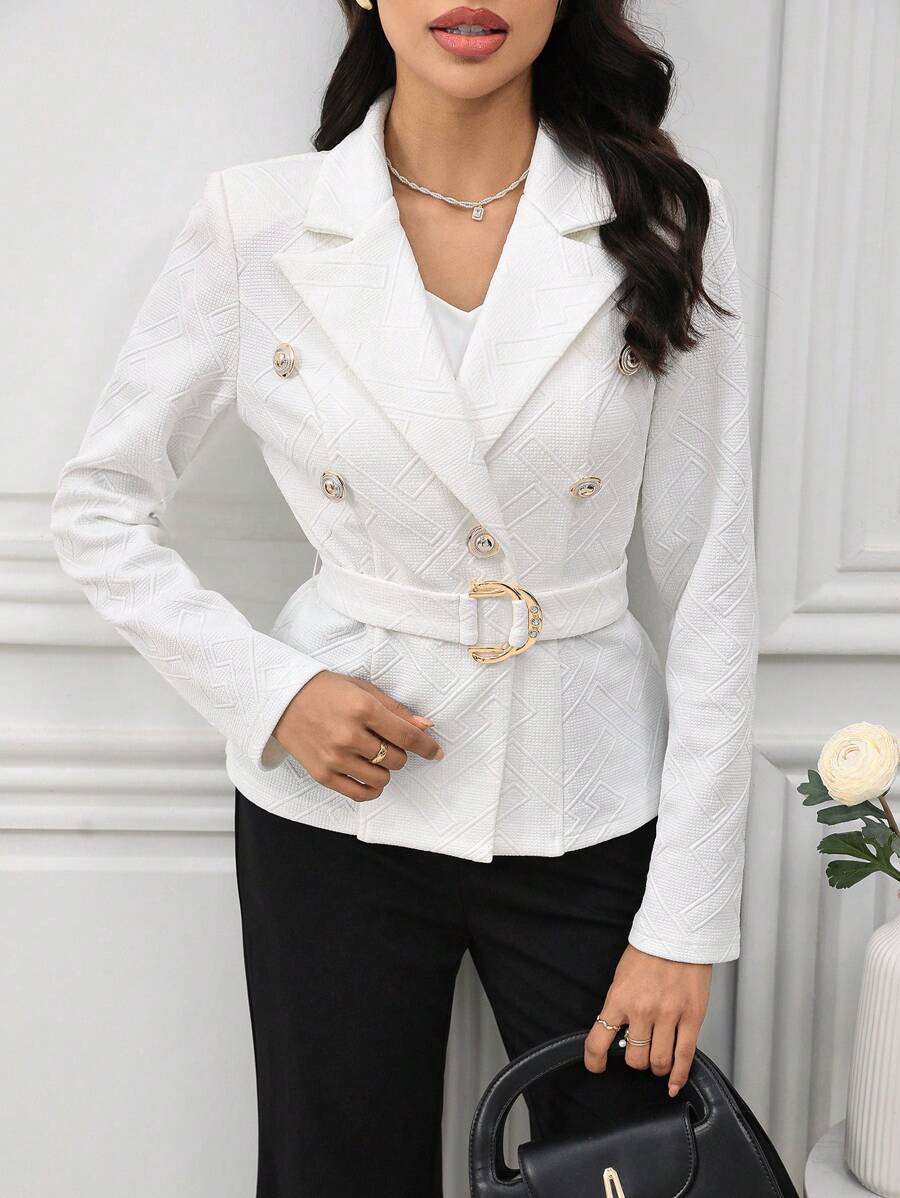 Modelyn Women Spring Autumn Solid Color Lapel Neck Long Sleeve Double-Breasted Elegant Jacket - White - View 1