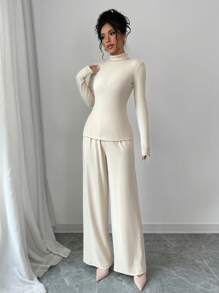 Elenzga 3-delige set dames gebreide fluwelen geribbelde hoge hals colorblock lange jumpsuit