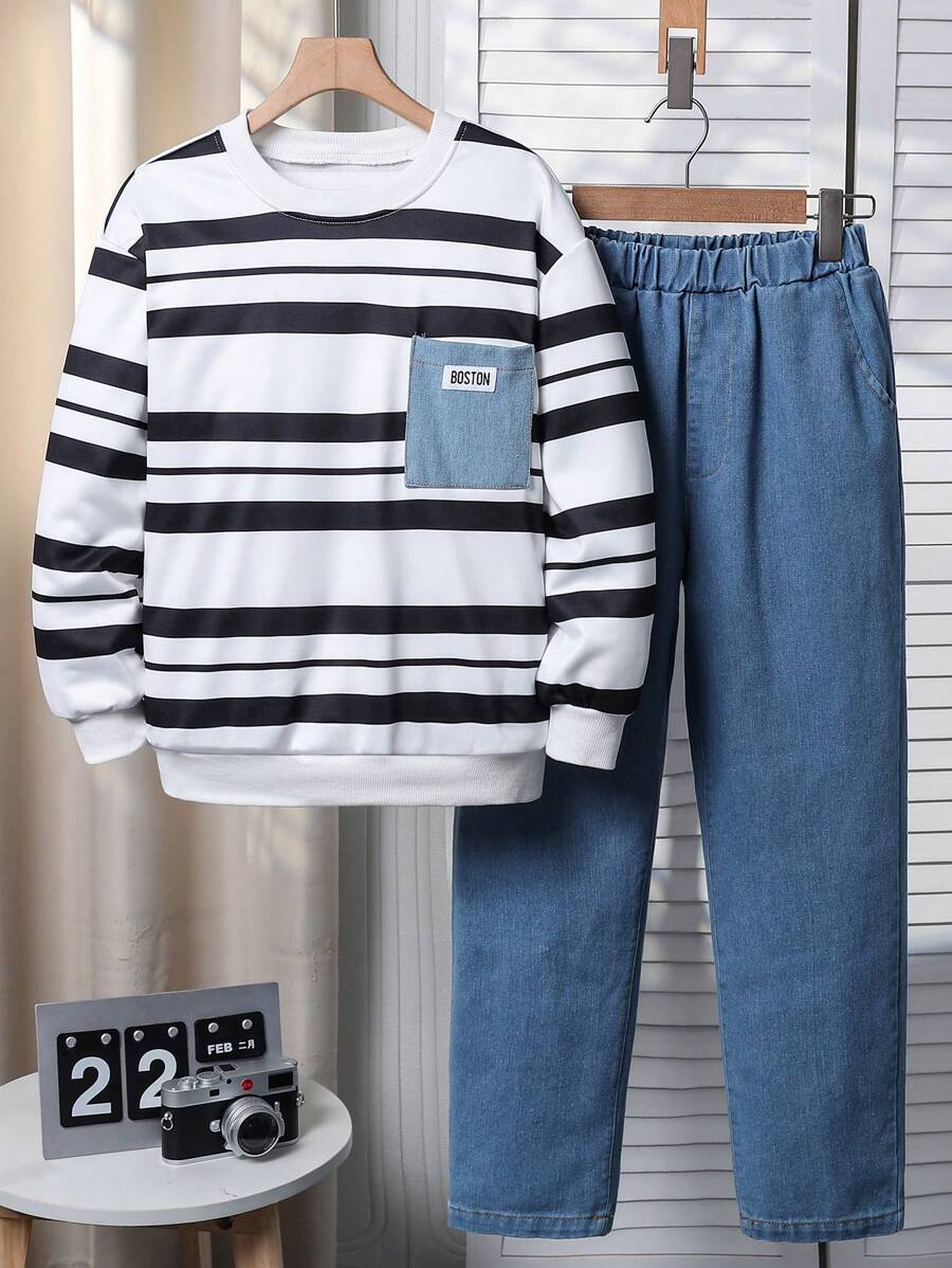 2 件套青少年男孩时尚条纹印花圆领运动衫和直筒牛仔裤套装，秋冬 - 彩色 - 查看 1