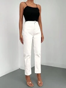 EURMUSE Solid Slant Pocket Mom Fit Jeans - White - View 4