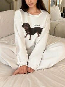 DAZY Dog Pattern Print Loose Comfy Winter Fleece Pajamas Set - White - View 4