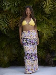 Aralina Curve Tiered 2 Tone Floral Design Pull On Maxi Skirt - Multicolor - View 7
