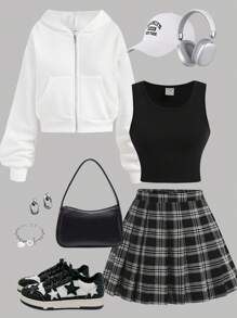 SHEIN Girlism 3pcs/Set Teen Girls Casual Outfit: White Zip-Up Hoodie, Knitted Vest, And Pleated Plaid Skirt  ,Graduation Outfit Graduation Outfit.