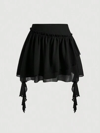 SHEIN MOD 大码女式黑色荷叶边雪纺约会之夜不对称纯色荷叶边饰边荷叶边下摆半身裙，弗拉门戈半身裙