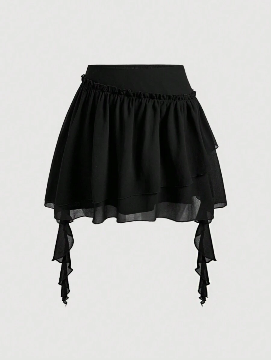 SHEIN MOD Falda asimétrica negra plisada de gasa con volantes para mujer talla grande, para una noche de cita. Falda de flecos con dobladillo volante, estilo flamenco - Negro - Ver 1