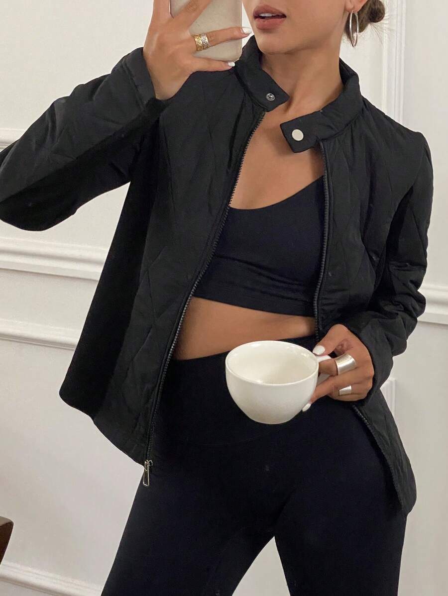 DAZY Women's Button Stand Collar Zipper Pocket Streetwear Fashion Slim-Fit Padded Coat ,Winter Women Clothes,Winter Coat Women Jacket - Black - View 1