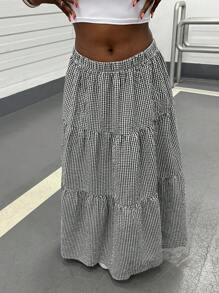 INAWLY 大码女式格子荷叶边下摆中长休闲半身裙 - 黑與白 - 查看 7