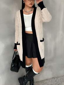 Calvaya Plus Size Women Contrast Color Pockets Casual Long Cardigan, Fall/Winter - Apricot - View 5