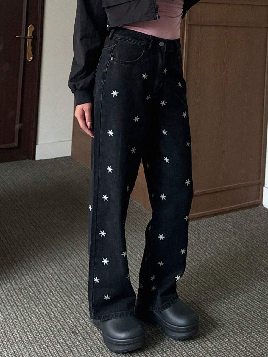 DAZY 1 条女式休闲纽扣前口袋印花牛仔裤