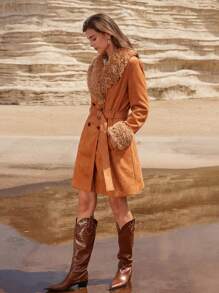 Aveloria French Style Fluffy Collar Patchwork Deer Velvet Mid-Length Belted Coat, Ladies Winter Jacket Fall Cloth For Women - Brown - View 2