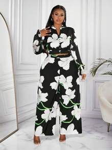 Slaydiva Premium High-End Plus Size Women 2pcs Set, Floral Print Blouse & Palazzo Pants - Multicolor - View 8