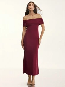 Glamine Women's Elegant Summer Burgundy Off Shoulder Bodycon Dress,Pleated Mermaid Formal Long Party Dress, Dining Red Solid Color Simple Dresses - Burgundy - View 3