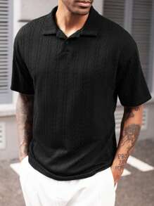 Manfinity Homme Men's Minimalist Textured Fabric Black Short Sleeve Polo Shirt - Black - View 1