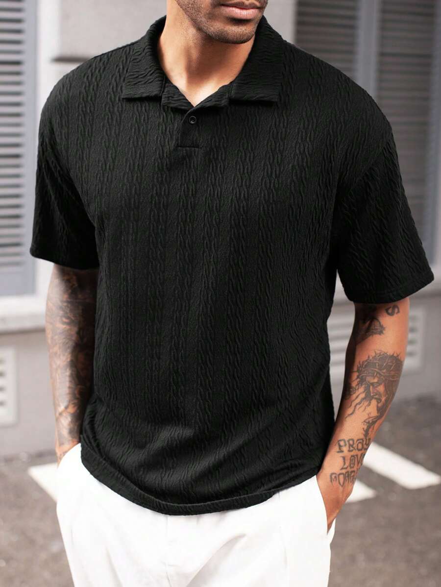 Manfinity Homme Men's Minimalist Textured Fabric Black Short Sleeve Polo Shirt - Black - View 1