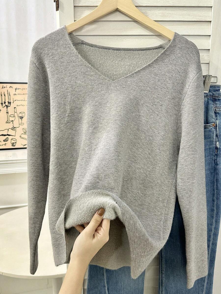 Calvaya Áo len dài tay cổ chữ V màu trơn cỡ lớn, kiểu dáng thường ngày, thích hợp mặc mùa thu đông. - Xám - Xem 1