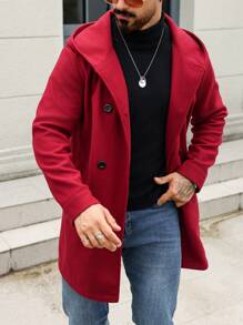 Manfinity Homme 1pc Men's Solid Color Button Front Long Sleeve Minimalist Hooded Overcoat, Casual Winter Fall Going Out Business Overcoat, For Friends, Husband, Boyfriend Gifts