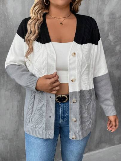 SHEIN Cardigan casual à manches longues à boutonnage simple style blocs de couleurs grande taille pour femmes, automne/hiver