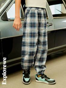 SHEIN Tween Boy Casual Graphic Number Print Plaid Jogger Pants - Dusty Blue - View 6