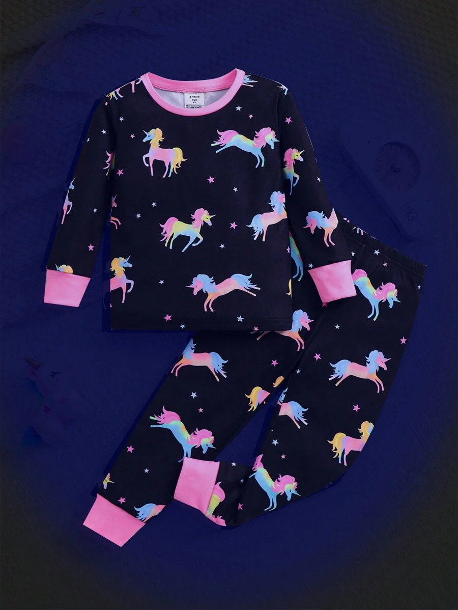 SHEIN Leap Crew Young Girl Snug Fit 2pcs/Set Neon Unicorn Print Contrast Color Round Neck Long Sleeve Soft Touch Pajama Set, Autumn/Winter - Multicolor - View 1