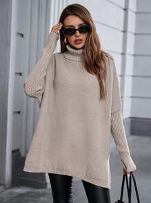 Chiquease Women's Oversized Dropped Shoulder Slit Hem Pullover Sweater Knit Pullover Fall Winter Outfit