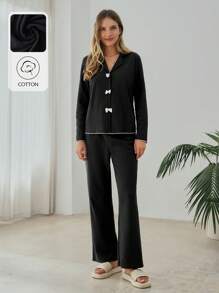 RueChic 2Pcs Cotton Collar And Ribbon Detail Lounge Set - Grey - View 1