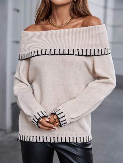 Chiquease Women Off-Shoulder Black Trimmed Long Sleeve Pullover Sweater, Knit Pullover Fall Winter