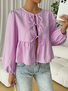 Comfortcana 女式系带长袖可爱条纹衬衫，秋季 - 藏蓝色 - 查看 6