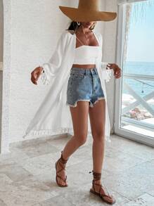 EURMUSE Tassel Trim Drop Shoulder Open Front Kimono, For Summer Beach Vacation - White - View 5