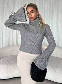 SHEIN Unity Women Plain High Neck Long Sleeve Tie Front Simple Casual Sweater, For Everyday Wear, Knit Pullover Fall Winter - Grey - View 3