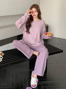 DAZY 纯色羊毛休闲宽松睡衣套装 - 紫色 - 查看 5