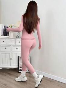 SHEIN EZwear 情人节，粉色大码女式休闲修身运动服套装 - 粉色 - 查看 2