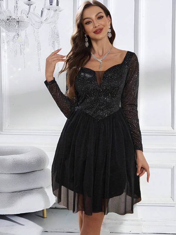 SHEIN Belle Robe de bal élégante à manches longues pour femme avec décolleté en cœur et insert en tulle (design orné), robe de soirée semi-formelle pour anniversaire, invitée de mariage, remise des diplômes