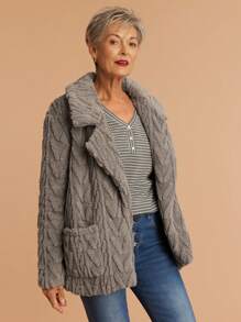 SHEIN LUNE Women's Casual Commuting Fluffy Collar Warm Fleece Jacket - Grey - View 8