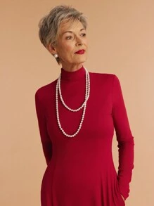 SHEIN LUNE 女士休闲高领长袖红色连衣裙 - 酒紅色 - 查看 3