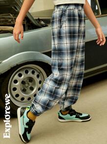 SHEIN Tween Boy Casual Graphic Number Print Plaid Jogger Pants - Dusty Blue - View 5