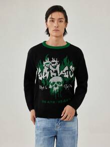 Manfinity Roghcode Men's Solid Color Splice Round Neck Long Sleeve Graphic Detail Simple Casual Sweater