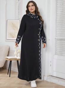 Al Najma Vestido de punto de cuello alto con textura y diseño de patchwork, talla grande para mujer, apropiado para otoño/invierno, vestido casual de tipo maxi para uso diario