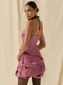 COSMINA Autumn/Winter Women Solid Color Layered Ruffles Elegant Strapless Mini Dress - Rusty Rose - View 2