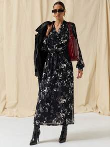 COSMINA Autumn/Winter Women All-Over Print V-Neck Long Sleeve Long Dress