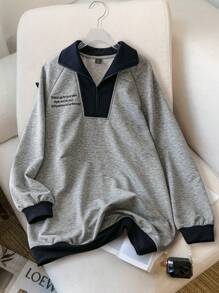 Seusyu Women's Color Block Trim Letter Print Turndown Collar Long Sleeve Sweatshirt - Grey - View 1