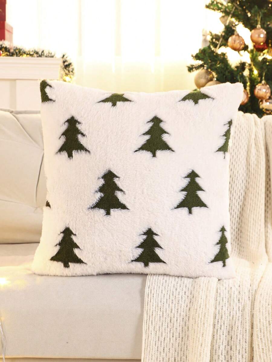 1pc Christmas Tree Decorative Plush Pillow Case For Autumn/Winter - Green - View 1
