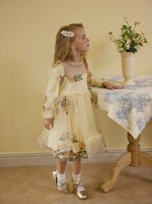 SHEIN Girls Fashion Elegant Floral Embroidery Lace Long Sleeve Dress, Suitable For Everyday Wear, Holiday, Party, Gift, Autumn