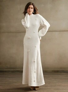 Anewsta Đầm len bó sát họa tiết hoa 3D thanh lịch dành cho nữ - Màu be - Xem 3