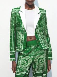 Maija 女式秋季时尚佩斯利印花撞色翻领西装外套 - 綠色 - 查看 6