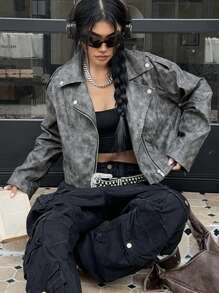 SHEIN EZwear Women's New Vintage Leather Motorcycle Jacket