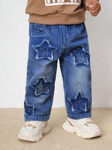 SHEIN Celana Jeans Denim Biru Model Lurus Kasual untuk Bayi Laki-laki, Motif Bintang Lucu dan Dicuci dengan Batu, Cocok untuk Pakaian Luar Ruangan Musim Gugur dan Musim Dingin - Medium Wash - View 1