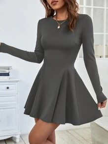 SHEIN PETITE 女式纯色圆领长袖褶饰短款休闲连衣裙，秋季 - 灰色 - 查看 5