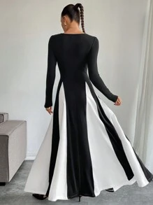 SHEIN Essnce 女装2024秋冬新款时尚V领长袖黑白拼色设计A字裙休闲时尚拼色连衣裙拼色拼接连衣裙网红博主同款风格 - 黑與白 - 查看 2