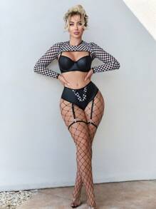 6 bộ quần áo da dài tay buộc dây in họa tiết kẻ caro gợi cảm cho lễ Halloween, thắt lưng garter và tất lưới trang phục đua xe - màu đen - Xem 3