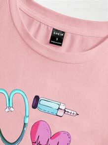 EMERY ROSE Casual Simple Stethoscope Graphic Round Neck Short Sleeve Loose T-Shirt For Women, Suitable For Summer